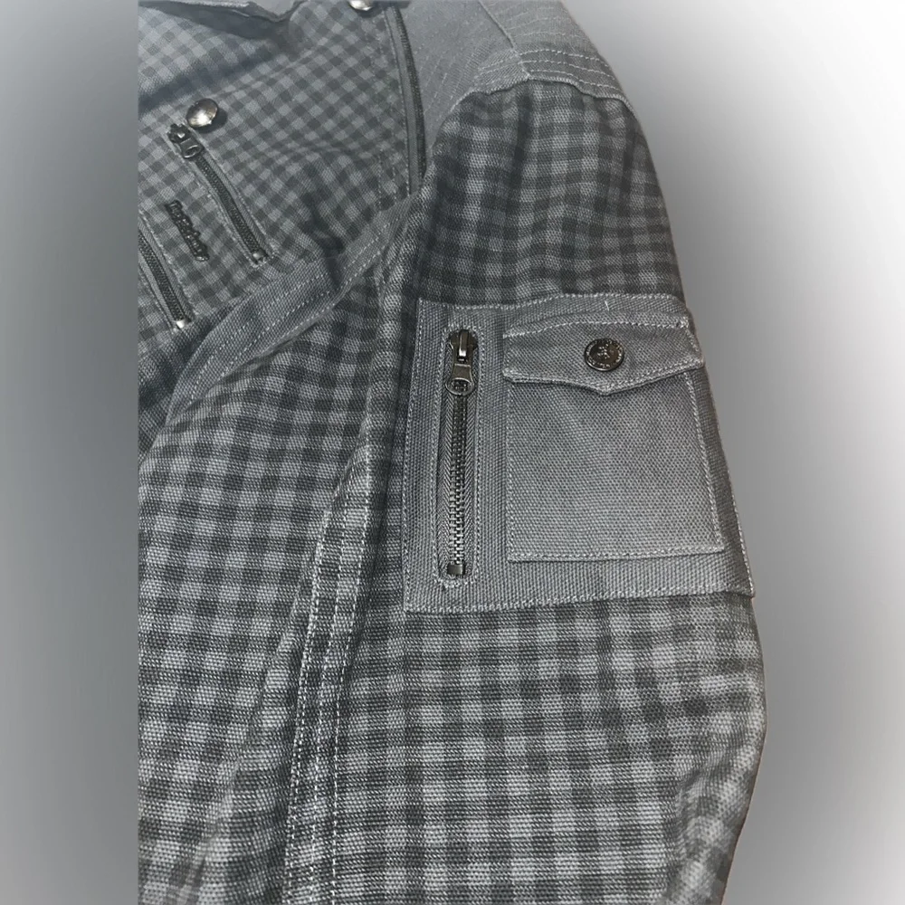 Live Mechanics Canvas Checked Plaid Gray Streetwear Moto Grunge Stud Coat 2XL